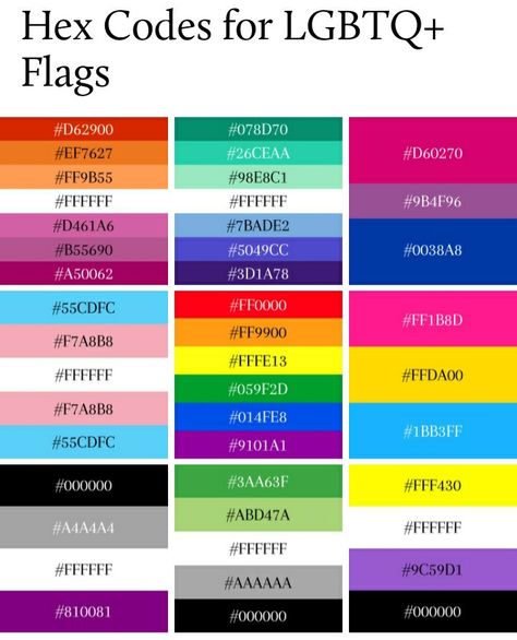 Pride Flag Color Palette, Lgbtq Color Palette, Pride Colour Palette, Pride Flag Hex Codes, Lbgtq Colors Aesthetic, All Pride Flags And Meanings, Pride Color Palette, All Lgbtq Flags And Meanings, Pride Flags And Meanings