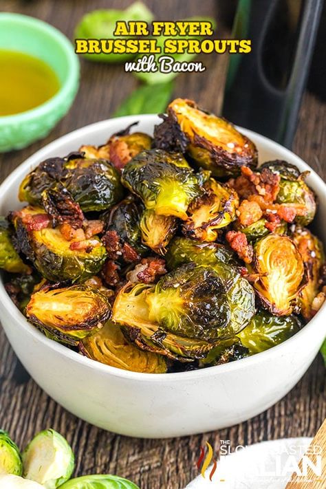 Air Fryer Brussels Sprouts with Bacon Air Fryer Brussel Sprouts, Air Fryer Brussels Sprouts, Easy Bacon Recipes, Brussel Sprouts With Bacon, Steak And Mashed Potatoes, Vegetable Entrees, Balsamic Brussel Sprouts, Fried Veggies, Slow Roasted Italian