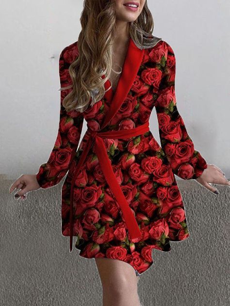 Rose Flower Print, Spring Dresses Casual, Womens Fall Dress, Women Long Sleeve Dress, Mini Robes, Womens Floral Dress, Vestidos Vintage, Graduation Outfit, Rose Dress