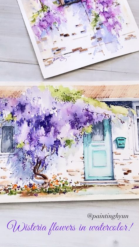 Wisteria Watercolor, Wisteria Painting, Wisteria Flowers, Watercolour Florals, Watercolor Flowers Tutorial, Flowers Tutorial, Watercolour Inspiration, Bday Cake, Flowers Watercolor