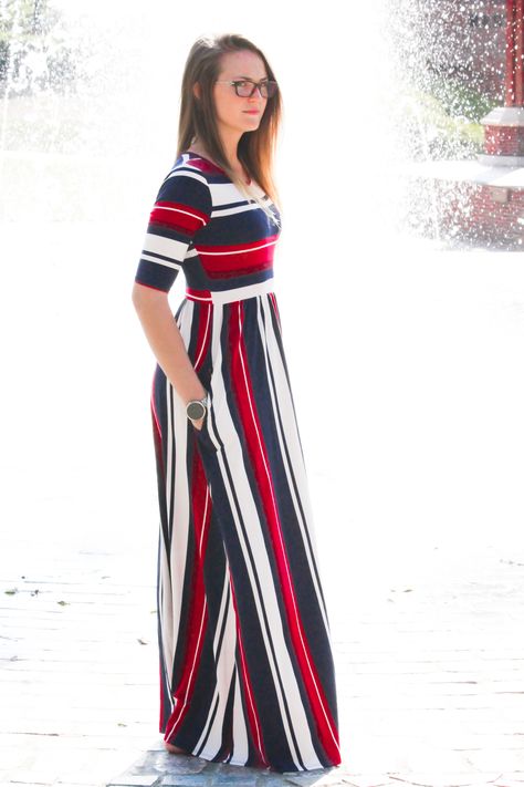 Mackenzie is a classy fall striped half sleeve modest maxi dress with hidden side pockets available in S-L Modest Maxi Dress, Modest Maxi, Fall Dress Outfit, Trendy Skirts, Striped Maxi, Striped Maxi Dresses, Muslimah Fashion, Mode Hijab, Dress Maxi