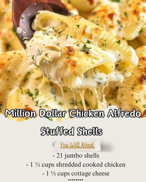 Ina Garten | Million Dollar Chicken Alfredo Stuffed Shells 🍝 | Facebook Chicken Alfredo Shells, Stuffed Shells Chicken, Alfredo Shells, Easy Chicken Alfredo, Alfredo Stuffed Shells, Chicken Alfredo Stuffed Shells, Million Dollar Chicken, Chicken Stuffed Shells, Shells Recipe