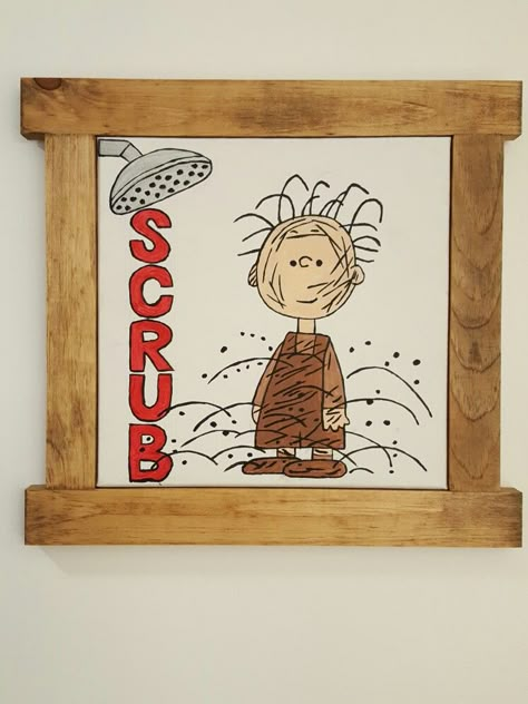 Pig Pen scrub sign. Snoopy bathroom. Peanuts Bathroom Decor, Snoopy Bathroom Decor, Twins Bathroom, Snoopy Bathroom, Snoopy Decor, Snoopy Christmas Decorations, Peanuts Decor, Kids Bathroom Girls, Kids Bathroom Ideas Shared