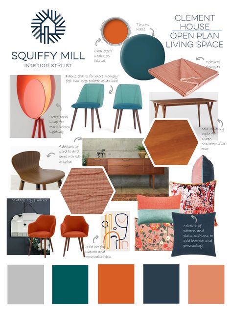 A concept board created for a client who wanted her open plan living space to be bold and colourful. Patterns, texture and rich wood tones add warmth and interest in this teal, orange and apricot scheme. Paint Colours For Open Plan Living, Teal Room Color Scheme, Teal And Orange Interior Design, Open Plan Living Colour Schemes, Orange And Teal Aesthetic Living Room, Orange Teal Living Room, Teal And Burnt Orange Living Room, Open Plan Colour Scheme, Teal Sofa Colour Scheme