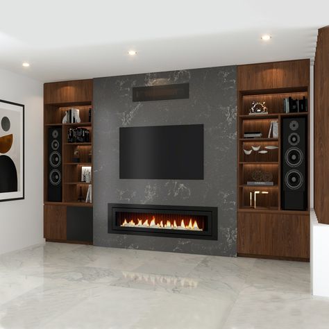 Tv With Speakers Living Rooms, Tv Wall Design With Speakers, Fireplace Tv Wall With Speakers, Wall Speakers Living Room, Tv Wall With Speakers, Living Room With Speakers, Modern Tv Walls, Tv Unit With Fireplace, Basement Tv Wall Ideas