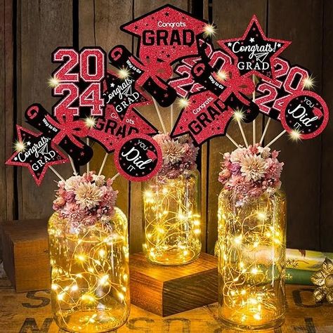 Amazon.com: Graduation Decorations Class of 2024-36pcs Red and Gold Graduation Table Centerpieces Sticks with Lights for College High School Congrats Grad Party Supplies : Toys & Games Gold Graduation Decorations, Graduation Table Centerpieces, Graduation Table, Graduation Tables, Party Table Centerpieces, Congrats Grad, Mason Jar Lighting, Graduation Decorations, Gold Party