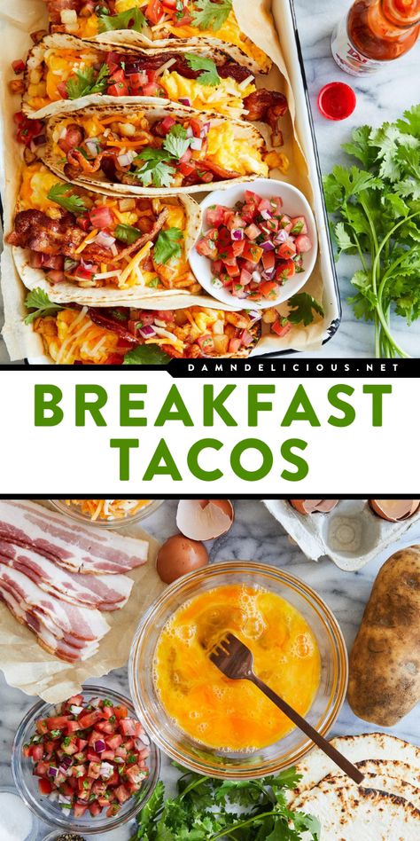 Learn how to make Breakfast Tacos! Loaded with bacon, potatoes, scrambled eggs, and toppings, these homemade tacos are sure to be a hit at Easter Sunday breakfast. Put this breakfast idea with tortillas on your Mother's Day brunch recipes, too! Egg Breakfast Tacos, Bacon Egg Breakfast, Breakfast Tacos Recipe, Bacon Potatoes, Bacon Eggs Breakfast, Camping Breakfast, Breakfast Platter, Mexican Breakfast, Bacon Eggs