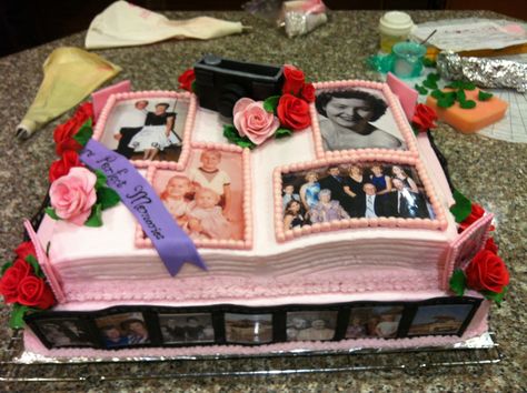 Cake made for a friend's mom's 75th birthday - pictures from her life surround the entire thing 75th Birthday Cakes, Birthday Ideas Men, Decorate With Photos, 75th Birthday Ideas, 90th Birthday Ideas, Fun Cake Ideas, Birthday Plan Ideas, Mum Cake, 75 Birthday Cake