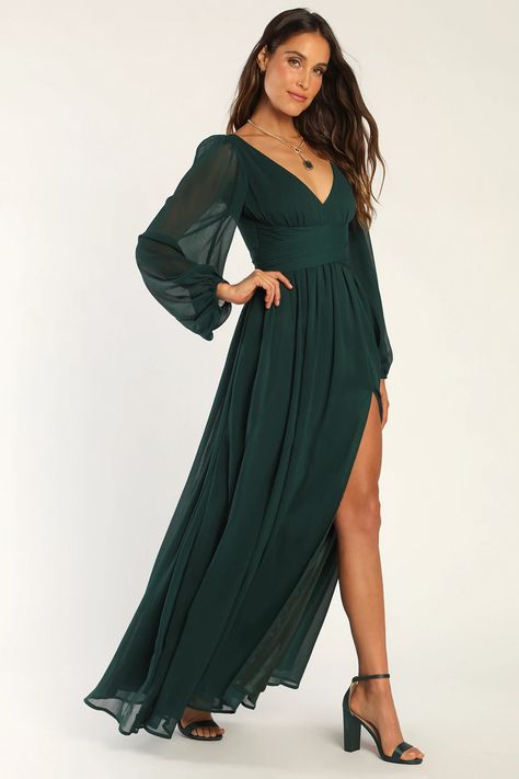 Emerald Green Maxi Dress - Long Sleeve Gown - V-Neck Maxi Dress - Lulus Long Green Bridesmaid Dresses, Green Wedding Guest Dresses, Dark Green Bridesmaid Dress, Long Sleeve Bridesmaid Dress, Long Green Dress, Black Tie Wedding Guests, Emerald Green Dresses, Maid Of Honour Dresses, Fall Wedding Guest Dress