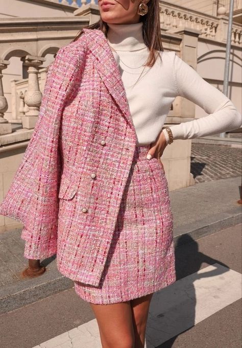 Pink Tweed Pants Outfit, Pink Suit With Skirt, Pink Skirt Suit Outfit, Pink Tweed Jacket Outfit, Pink Tweed Outfit, Pink Suit Skirt, Pink Pant Suit, Feminine Suit, Tweed Suit Women