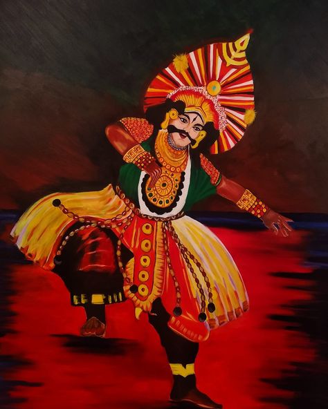 Acrylic on canvas painting by sreenivasa Murthy TM Karnataka Folk Art Painting, Karnataka Janapada Kale Drawing, Yakshagana Painting On Canvas, Yakshagana Drawing Sketch, Yakshagana Drawing, Kantara Drawings, Yakshagana Painting, Karnataka Culture, Dance Forms Of India