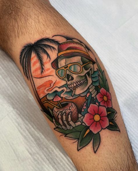 Traditional Beach Scene Tattoo, Tropical Traditional Tattoo, Traditional Ocean Tattoo Sleeve, Skull Beach Tattoo, Skeleton Beach Tattoo, Traditional Beach Tattoo, Florida Themed Tattoos, Old School Skull Tattoo, Irish Sleeve Tattoo