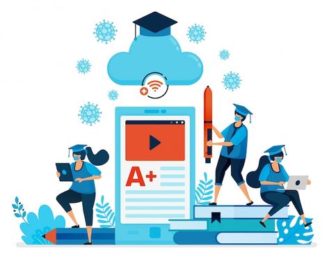 Illustration of new normal education and... | Premium Vector %23Freepik %23vector %23distance %23course %23book-online %23social-distance Mobile App Poster, App Poster, Library App, Landing Page Website, Values Education, Banner Designs, Online Training Courses, School Banner, Learning Apps