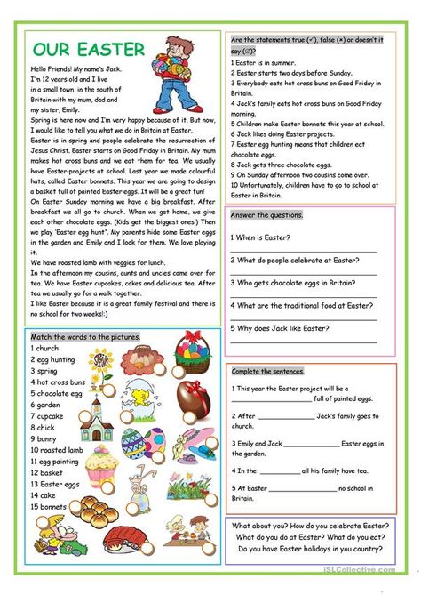 Our Easter - English ESL Worksheets for distance learning and physical classrooms Easter Reading Comprehension, Easter Lessons, Easter Worksheets, Esl Reading, Holiday Worksheets, Easter Activity, Time Worksheets, About Easter, English Lessons For Kids