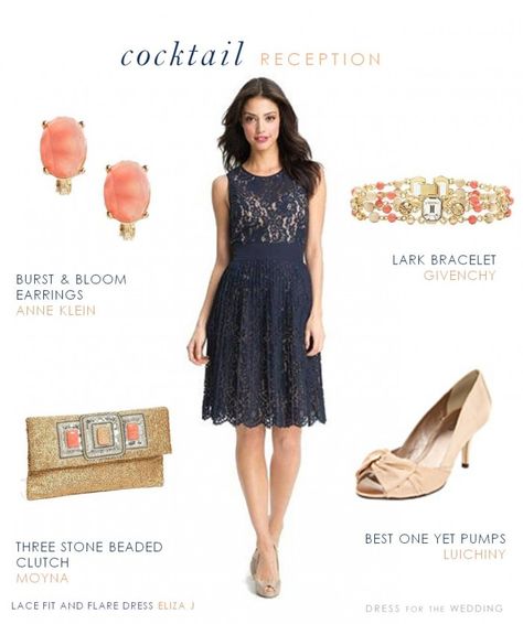 Navy Lace Dress for a wedding guest shown with gold and coral accessories Navy Dress Accessories, Navy Wedding Dress, Navy Blue Cocktail Dress, Below The Knee Dresses, Marine Uniform, Navy Lace Dress, Color Shoes, Wear To Work Dress, Dress For Wedding