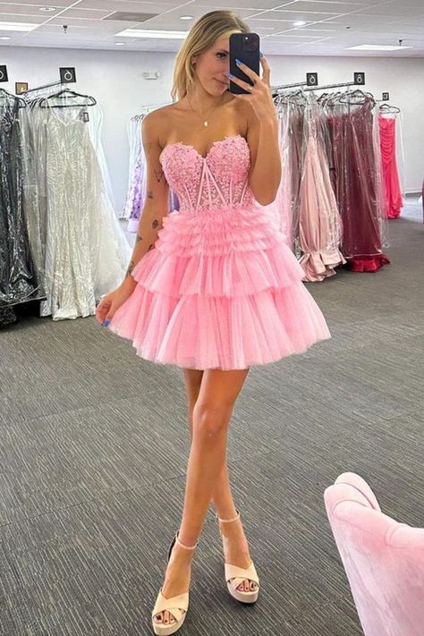 Princess Pink Corset Multi-Layered Short Homecoming Dress Short Homecoming Dresses, Sparkly Prom Dresses, Mini Prom Dresses, Mini Homecoming Dresses, Tulle Homecoming Dress, Pink Homecoming Dress, Short Party Dress, Short Homecoming Dress, Short Cocktail Dress