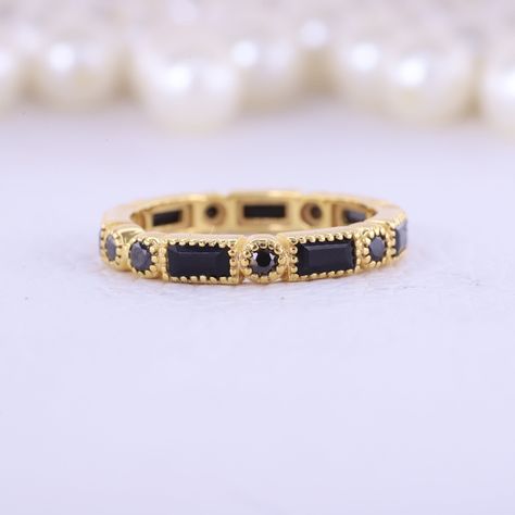 Baguette Black Onyx Full Eternity Band, 18K Solid Gold Wedding Band, Unique Art Deco Jewelry Stackable Bridal Band Anniversary Gift For Wife Black Onyx Gold Ring, Gold Wedding Band Unique, Solid Gold Wedding Band, Wedding Band Unique, Accesories Jewelry, Anniversary Gift For Wife, Onyx Jewelry, Dope Jewelry, Wedding Bridal Jewellery