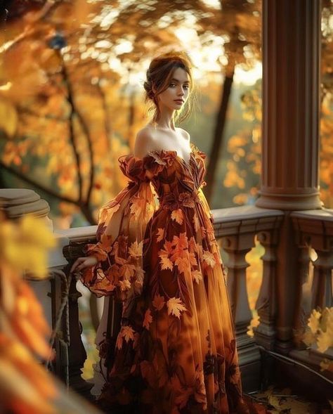 Spring Court Outfit, Autumn Fantasy Dress, Autumn Court Fashion, Autumn Court Dress, Orange Princess Dress, Autumn Gown, Fantasy Dress Art, Gown For Debut, Autumn Fae