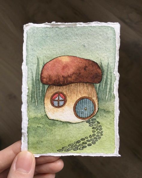 Watercolor Art Cottagecore, Cottagecore Mushroom Drawing, Mushroom House Watercolor, Watercolor Art Mushrooms, Cottagecore Watercolor Painting, Indie Watercolor Art, Cottagecore Painting Easy, Mushroom Watercolor Paintings, Watercolor Paintings Aesthetic