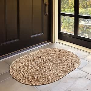 HOMEMONDE Hand Braided Jute Collection Area Rug 2x3 ft - Accent Boho Charm Farmhouse Welcome Doormat - Woven Design Rustic Vintage Natural Yarn - Entryway & Kitchen Meditation Mat, Front Door Porch, Braided Jute Rug, Entryway Kitchen, Jute Area Rugs, Oval Rugs, Area Carpet, Woven Design, Entryway Rug