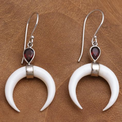 UNICEF Market | Garnet and Crescent Bone Dangle Earrings from Bali - Sanur Crescents Half Elf, Bone Earrings, Crescent Earrings, Cow Bones, Bone Jewelry, Bone Pendant, Bone Carving, Jewelry Packaging, Hook Earrings