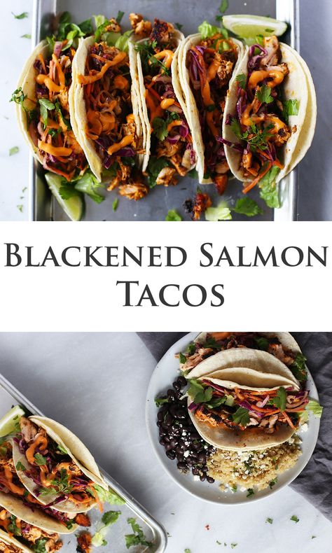 Blackened Salmon Tacos Blackened Salmon Tacos, Salmon Tacos Recipe, Tacos Dorados, Salmon Tacos, Blackened Salmon, Baked Salmon Recipes, Grilled Salmon, Taco Recipes, Fish Dishes