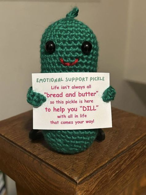 Random Acts of Crochet Kindness USA | **** No pattern used, but others have commented they found helpful YouTube videos by googling things like “crochet Gerkin pickle” | Facebook Emotional Support Pickle Crochet Pattern, Emotional Support Pickle Crochet Pattern Free, Emotional Support Pickle Crochet, Random Acts Of Crochet Kindness, Emotional Support Pickle, Crochet Kindness, Crochet Stuffies, Crochet Creations, Random Acts Of Kindness