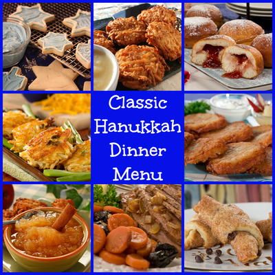 Classic Hanukkah Dinner Menu | MrFood.com Hanukkah Recipes Dinners, Hanukkah Food Traditional, Hanukah Foods, Hanukkah Party Food, Hanukkah Foods, Hanukah Menu, Classic Dinners, Chanukah Recipes, Happy Hanukkah Images