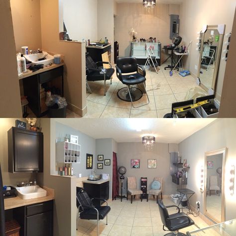 Before and after hair salon Garage Salon Ideas, Small Salon Decor, Beauty Bar Ideas, Older Hair, Toddler House, Before And After Hair, Small Salon, Salon Life, Home Hair Salons