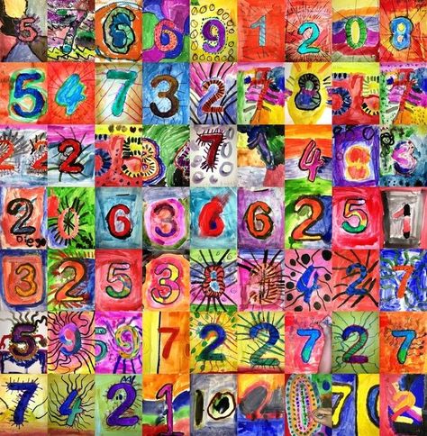 Jasper Johns Inspired Number art, great for Kindergarten. Group Art Projects, Class Art Projects, Kindergarten Art Lessons, Collaborative Art Projects, Kindergarten Art Projects, Number Art, Robert Rauschenberg, Jasper Johns, Art Lessons For Kids