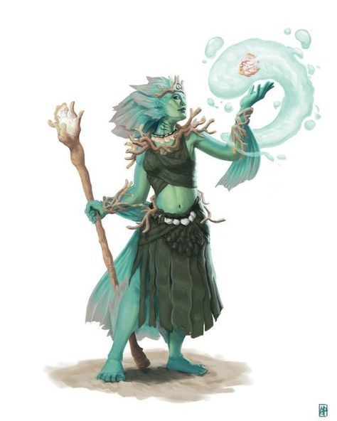 Druid Ideas Dnd, Coastal Druid Dnd, Seafolk Fantasy Art, Undine Character Art, Merfolk Clothing, Merfolk Dnd, Sea Druid, Sea Elf Dnd, Triton Dnd