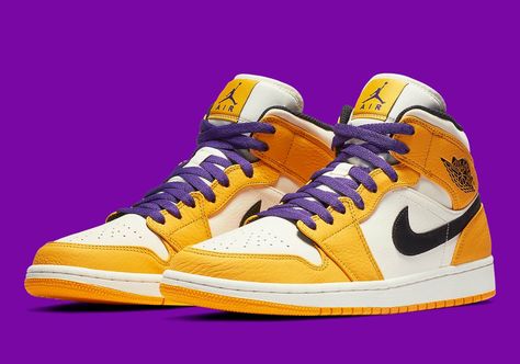 Jordan 1 Mid Lakers 852542-700 Air Jordan Outfits Men, Lakers Outfit, Shoes Wallpaper, Jordan Sneaker, Jordan Shoes Retro, Nike Shoes Jordans, Nike Air Shoes, Fresh Shoes, Hype Shoes