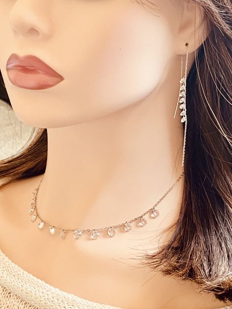 Silver Crystal Bridal Necklace Earrings. Crystal Earrings. Bridal Necklace. Bridal Earrings. Minimalist. Cubic Zirconia. Dainty Jewelry Necklace, Dainty Necklaces, Cube Necklace, Jewelry Board, Necklace Bridal, Silver Jewelry Necklace, Spike Earrings, Friend Necklaces, Earrings Crystal