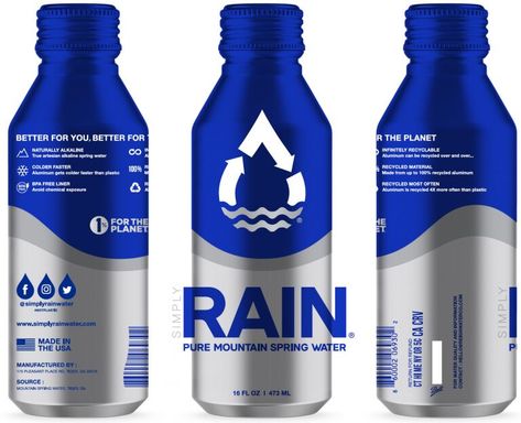 Recyclable Aluminum Water Packaging - The RAIN Water Company Has Launched Plastic-Free Packaging (TrendHunter.com) Check more at https://viralbuzz.website/recyclable-aluminum-water-packaging-the-rain-water-company-has-launched-plastic-free-packaging-trendhunter-com/?utm_source=pinterest Canned Water, Spring Water Bottle, Water Bottle Label Design, Halal Snacks, Mountain Spring, Water Packaging, Plastic Recycling, Natural Spring Water, Water Company