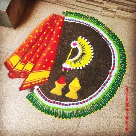 50 Gauri Puja Rangoli Designs (Rangoli Ideas) - February 2020 Gauri Rangoli, Puja Rangoli Design, Haldi Kumkum Rangoli, Gauri Ganpati, Ganpati Rangoli, Haldi Kumkum, Designs Rangoli, Rangoli Designs Simple Diwali, Festival Rangoli