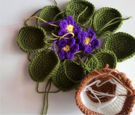 i really love african violet. i start to grow them when one of friend give one leave to me and ask me to grow it. eventhough it take weeks ... Crochet Embellishments, Crochet Flowers Free Pattern, Crochet Cactus, Crochet Plant, African Violet, Knitted Flowers, Violet Flower, Crochet Flower Patterns, African Violets