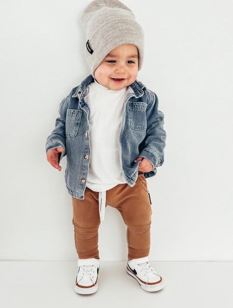 The denim shacket is the perfect transition piece to get your little styler through the rest of those chilly winter months! This shacket is made with a denim material that's slightly thinner than our core denim jackets, but lined with a soft and comfortable cotton to add an extra bit of warmth. Wear it over a hoodie wh Boys Denim Jacket, Boys Winter Clothes, Denim Shacket, Boys Fall Outfits, Fall Baby Clothes, Denim Jacket Outfit, Baby Fits, Toddler Boy Fashion