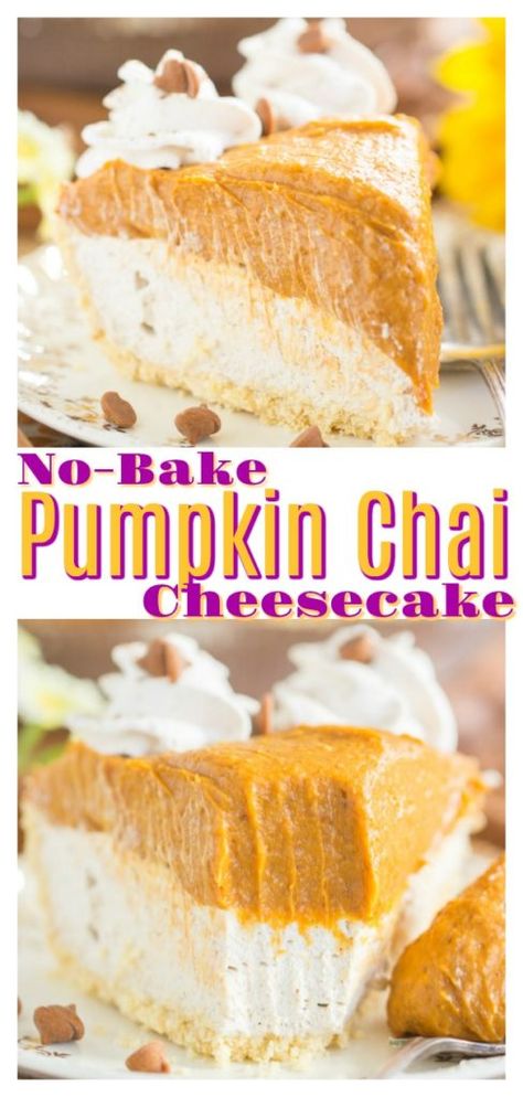 No Bake Pumpkin Pie Cheesecake, Chai Cheesecake, Pumpkin Pie Cheesecake Recipe, Sugar Cookie Cheesecake, Cheesecake Layer, No Bake Pumpkin, Fall Pies, No Bake Pumpkin Cheesecake, Pumpkin Pie Cheesecake