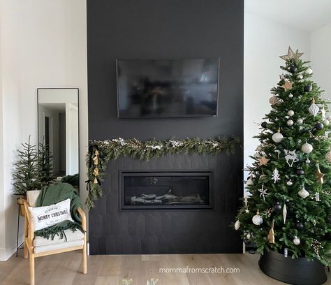 Black Fireplace Wall Christmas, Tv Wall Christmas Decor, Christmas Electric Fireplace Decor, Modern Christmas Fireplace Decor, Electric Fireplace Christmas Decor, Black Fireplace Christmas Decor, Modern Traditional Christmas, 2023 Fireplace, Christmas Decor Modern