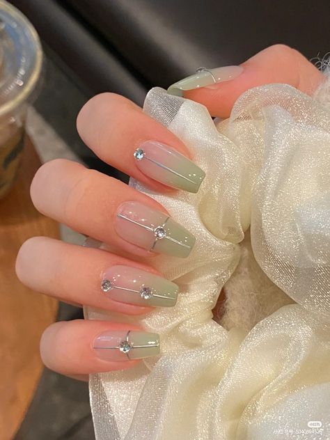 Green Korean Nails, Soft Gel Nail Extensions Designs, Soft Green Nails, Soft Gel Extension, Acrylic Nails Simple, Jade Nails, Simple Spring Nails, Peach Nails, Spring Acrylic Nails