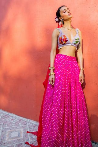 Bandhani Skirt, Bandhani Lehenga, Silk Bralette, Dyed Silk, Organza Dupatta, Hand Dyed Silk, Indian Fashion Designers, Skirt With Pockets, Silk Yarn