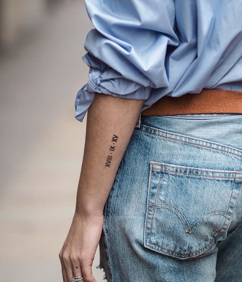 Ari's date 27 Tattoo, A Small Tattoo, Side Arm Tattoos, Roman Numeral Tattoos, Date Tattoos, Number Tattoos, Shape Tattoo, Cat Tattoos, Tiny Tattoo