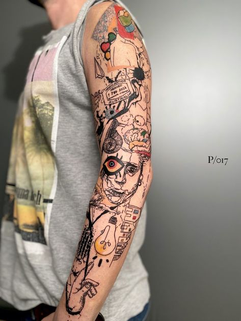 Artist Sleeve Tattoo, Scattered Tattoos Sleeve For Men, Abstract Tatoos, Abstract Sleeve Tattoo, Layered Tattoo, Tattoo Sleeve Filler, Abstract Tattoo Designs, Muster Tattoos, Tattoo Cover