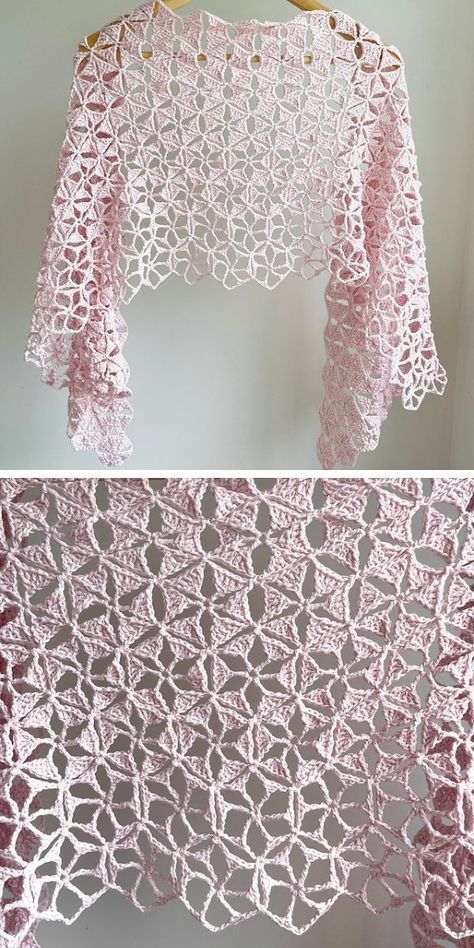 a lace crochet shawl hanging on a hanger Lacy Crochet Patterns Free, Crochet Lace Bolero Free Pattern, Crochet Chart Pattern Free, Crochet Wedding Shawl Pattern Free, Lacy Crochet Shawl Pattern Free, Shrug Crochet Pattern Free, Free Shawl Patterns, Lace Shawl Knitting Patterns, Crochet Lace Wrap