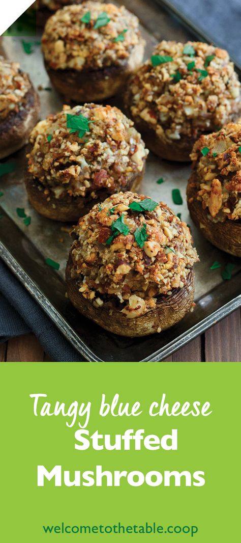 These crowd-pleasing stuffed mushrooms are packed with crunchy almonds and tangy blue cheese for an irresistible bite. Lemon Chicken Romano, Blue Cheese Stuffed Mushrooms, Chicken Romano, Cheese Stuffed Mushrooms, Toast In The Oven, Crowd Pleasing Appetizers, Dips Appetizers, Stuffed Mushroom Caps, Cheese Stuffed