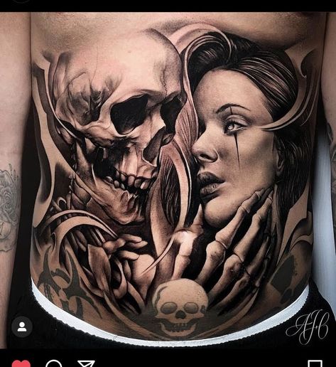 Man Belly Tattoo, Gothic Belly Tattoo, Tattoo Belly Man, Full Front Tattoo, Og Abel Tattoo, Skull Stomach Tattoos, Skull Belly Tattoo, Chicano Stomach Tattoos, Colour Tattoo For Women