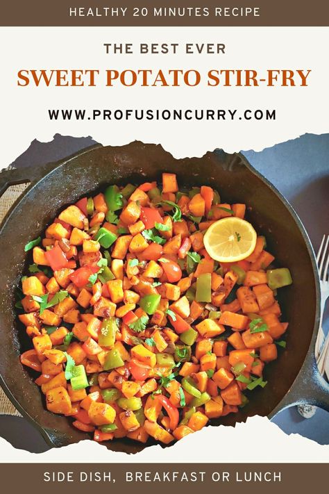 Colorful sweet potato hash Stir Fry With Sweet Potatoes, Sweet Potato Stir Fry Healthy, Sweet Potato Savory Recipes, Sweet Potato Stir Fry Recipes, Stir Fry Sweet Potato, Potato Stir Fry, Savory Sweet Potato Recipes, Sweet Potato Stir Fry, Savory Sweet Potato