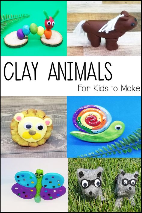 6 clay animals are shown in the pin including a rainbow caterpillar, horse, lion head, snail, butterfly and fuzzy racoons. Air Dry Clay Kindergarten, Easy Ceramic Animals, Clay Animals Sculpture Easy, Easy Clay Animals For Kids, Air Dry Clay Animals Easy, Clay Art For Kids Easy, Clay Art Projects For Kids, Easy Clay Animals, Clay Animals Easy