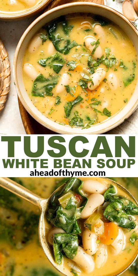 This Tuscan White Bean Soup is comforting, nourishing, and delicious, packed with creamy cannellini beans, fresh herbs, tender veggies, and rich heavy cream. Even better, it's ready in just 30 minutes and uses common pantry staples, making it an easy choice for a quick, cozy dinner any night of the week. You'll be making this recipe on repeat! | aheadofthyme.com #tuscanwhitebeansoup #whitebeansoup #cannellinibeansoup #cannellinibeans #whitebeans via @aheadofthyme White Bean Parmesan Spinach Soup, Tuscan Soup With White Beans, Tucson Bean Soup, Crockpot White Bean Soup Recipes, Pork And White Bean Soup, White Bean And Spinach Soup Recipe, Tuscan Cannellini Bean Soup, White Bean Tortellini Soup, Mediterranean White Bean Soup Recipes