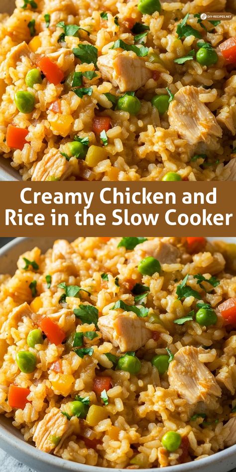 Enjoy a creamy, delicious meal with this Chicken and Rice in the Slow Cooker! The perfect blend of chicken, rice, and cheese, all cooked to perfection. Slow Cook Chicken And Rice, Crockpot Rice And Chicken, Chicken And Rice Slow Cooker Recipes, Chicken And Rice Crockpot Recipes, Crockpot Chicken And Rice Recipes, Slow Cooker Rice Recipes, Rice Cooker Meals, Crockpot Rice Recipes, Slow Cooker Chicken And Rice